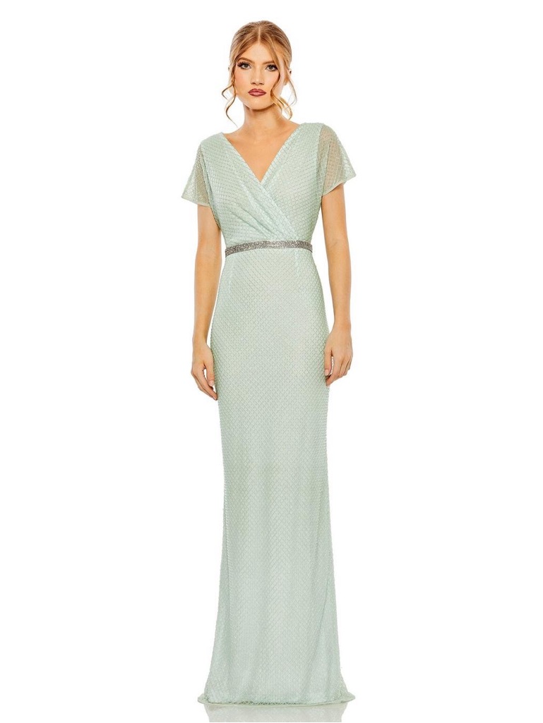 Mac Duggal Rhombus Embellished V-Neck Flutter Sleeve Maxi Dress